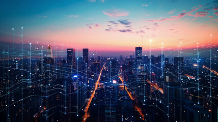 Fototapeta premium Cityscape with telecommunication network, wireless internet for 5G LTE and smart grid, IoT integration, global business, fintech, blockchain, futuristic and vibrant