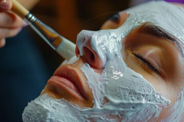 A woman wrapped her head in a white towel, applied a facial mask, massaged her temples with her hands in front of a mirror, a neat and clean modern white room