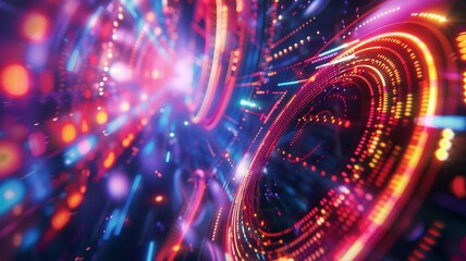 Close-up of IoT devices against a backdrop of swirling colors, illuminated by dynamic, neon lights for a mesmerizing effect