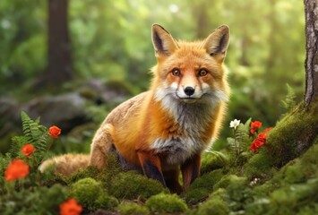 Fototapeta premium Fox in green forest. Cute Red Fox, at forest with flowers, moss stone. Wildlife scene from nature.