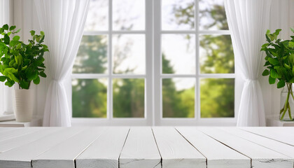 Fototapeta premium white Wooden table top on blurred background of white half curtained white window