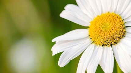 Obraz premium Eco-friendly daisy, macro shot, white petals with yellow center, soft natural light, detailed textures, green meadow backdrop.