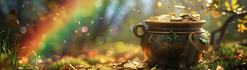 A gold colored pot with a rainbow on it. The image has a bright and cheerful mood, 3d render.