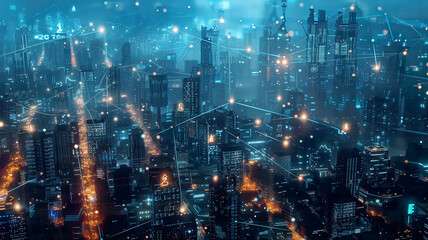 Futuristic cityscape with interconnected smart devices, glowing lines representing data flow, cyberpunk aesthetic, subtle blue lighting