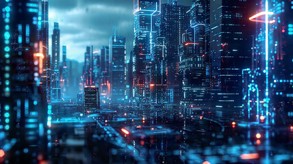 Futuristic cityscape with interconnected smart devices, glowing lines representing data flow, cyberpunk aesthetic, subtle blue lighting