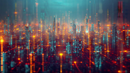 Fototapeta premium Futuristic cityscape with interconnected smart devices, glowing lines representing data flow, cyberpunk aesthetic, volumetric lighting, ultra-detailed