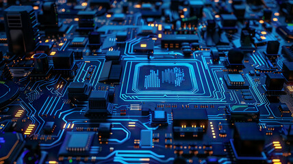 Futuristic digital technology development scene, bright circuit boards, high-tech icons, detailed and vibrant, blue tone
