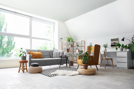 Interior of living room with sofa, armchair and witch's magic attributes on table