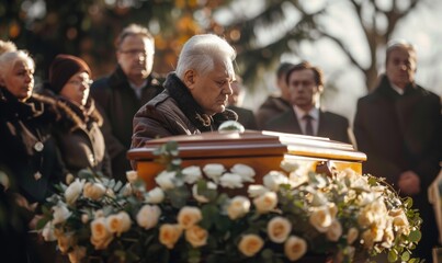 A coffin at a funeral with flowers and people in the background standing around it, at a funeral service. Funeral arrangements. Funeral services