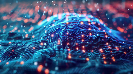 Illustration of big data technology, data mining, neural network for AI, business analytics, visualizing and analyzing complex data, high-tech, ultra-detailed