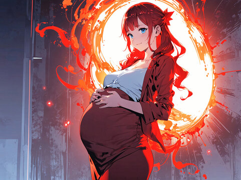 Anime Illustration of a Pregnant Woman, AI Generative