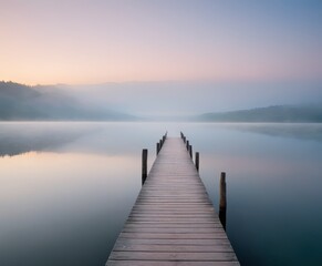 Naklejka premium A tranquil morning scene with a wooden pier extending into a mist-covered lake, mountains faintly visible in the background, and a pastel-colored sky at sunrise.. AI Generation
