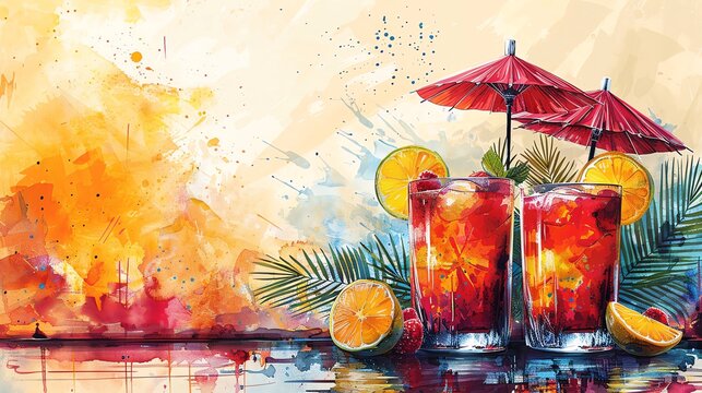 Tropical cocktails served with colorful umbrellas and fresh fruit garnishes