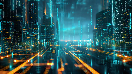 Fototapeta premium Smart city with communication network, glowing data lines, modern urban environment, high-tech connectivity, detailed and futuristic cityscape, vibrant lighting