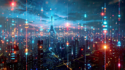 Fototapeta premium Smart city with communication network, glowing data lines, modern urban environment, high-tech connectivity, detailed and futuristic cityscape, vibrant lighting