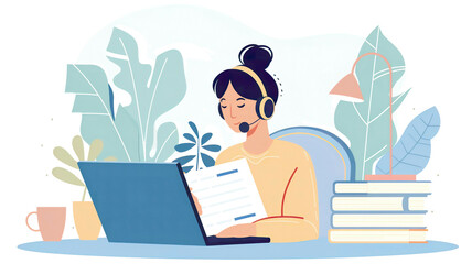 Student with headphones, attending online webinar, taking notes, virtual chat meeting with remote coach, distance learning, bright and detailed setting