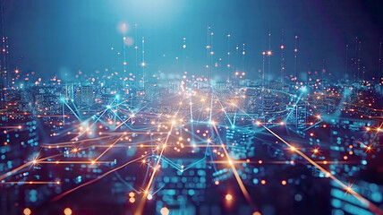 Telecommunication network overlaying city, 5G LTE and smart grid technology, IoT connections, global business and fintech, blockchain integration, high-tech, detailed