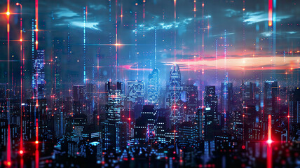 Fototapeta premium Urban cityscape with wireless connections, glowing network lines, advanced communication technology, high-tech, vibrant and detailed