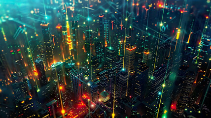 Urban cityscape with wireless connections, glowing network lines, advanced communication technology, high-tech, vibrant and detailed