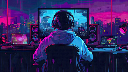 Obraz premium illustration of a young gamer sitting in front of a screen, playing a video game, wearing headphones, detailed and vibrant, high-tech gaming setup, bright colors