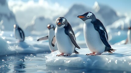 Obraz premium Frolicking Penguins: Joyful Sliding on Ice in Stunning Arctic Scenery