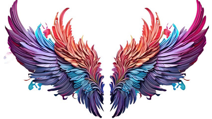 Obraz premium artwork of a neo traditional isolated wings feather,colorful fantasy spray on a white background Marker and spray tattoo design, octane render, super HD,8K, transparent background