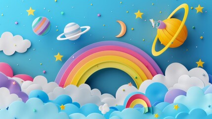 Simple and clean layer paper art, colorful rainbow, clouds, stars and planets in the sky