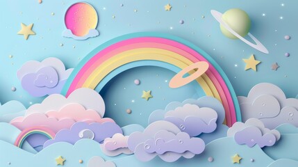 Simple and clean layer paper art, colorful rainbow, clouds, stars and planets in the sky