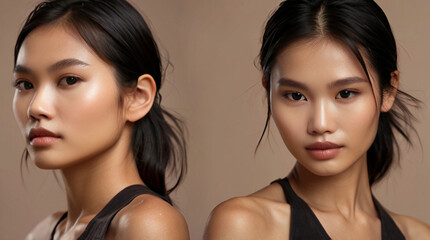 Close up portrait of beautiful Asian female model in 20s with perfect glowy skin