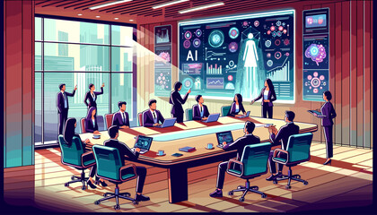 Conceptual concept of an image of a workflow meeting incorporating ChatGPT. Vector illustration.
