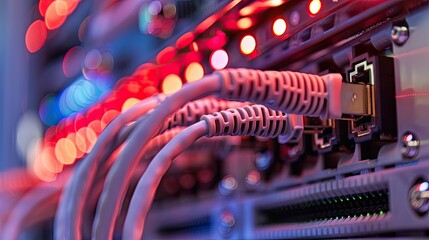 Close-up of ethernet cables connected to a network switch, illustrating the backbone of modern networking infrastructure.