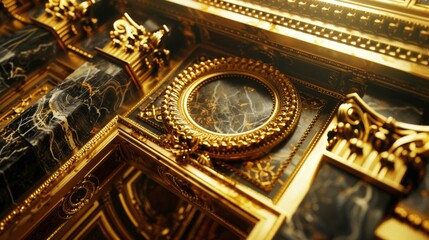 Fototapeta premium Luxurious Baroque Ornamental Frame with Intricate Gold Detailing on Elegant Marble Background, Perfect for Sophisticated and Classic Decor