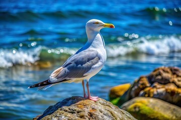 Fototapeta premium seagull on rock in fresh blue sea background