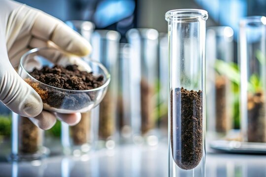 soil sample in vial. Lab testing for farming and agriculture