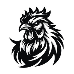 chicken mascot logo in black and white silhouette