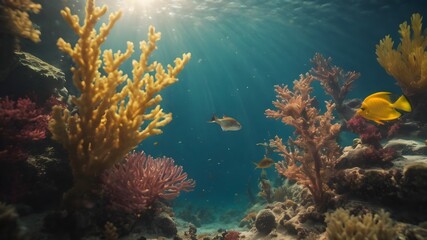 Fototapeta premium A colorful underwater scene with many fish swimming around. The fish are of various colors, including orange, yellow, and blue. The scene is lively and vibrant