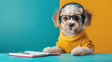 Puppy dressed as a receptionist with a headset and notepad, looking organized and welcoming