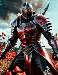 Naklejka premium An armored knight in a striking red and black armor stands in a field of vibrant red flowers. The dramatic sky and the knight's intense posture convey a sense of determination and readiness for battle