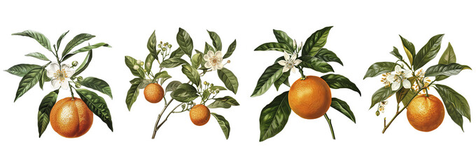 Mandarin set on transparent background. Botanical illustration