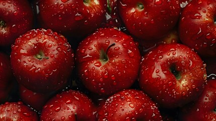 Many ripe juicy red apples covered with water drops as background. 