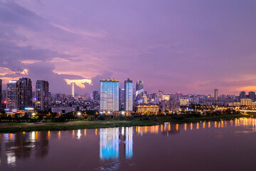 Aerial photography of the night scene of Hexi River Bank in Zhuzhou, China