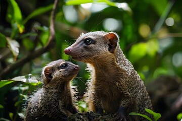 Obraz premium A mongoose and its baby in a natural setting, intricate fur details, attentive expressions, lush green foliage, natural lighting