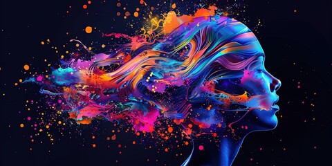 abstract profile of a human head, vibrant colors, geometric shapes, cosmic and ethereal elements