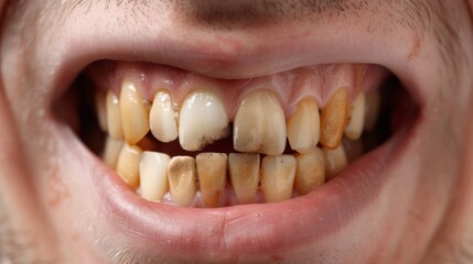 Fototapeta premium Person with yellow-stained teeth from prolonged smoking.