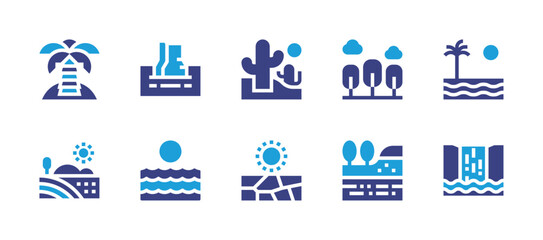 Landscape icon set. Duotone color. Vector illustration. Containing desert, geological, sea, beach, field, waterfall, island, forest.