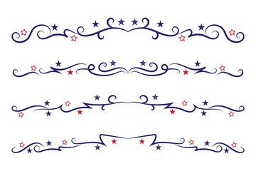 4th of July lettering header Ornate swirls, patriotic red stars, and blue Elegant fancy separators Decorative Elements, American Independence Day Calligraphy Flourishes text dividers