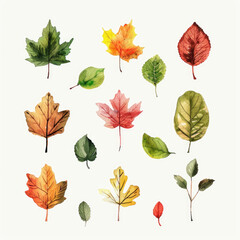 Watercolor painting of a collection of autumn leaves with vibrant colors isolated on a white background