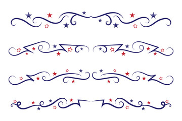 4th of July lettering header Ornate swirls, patriotic red stars, and blue Elegant fancy separators Decorative Elements, American Independence Day Calligraphy Flourishes text dividers