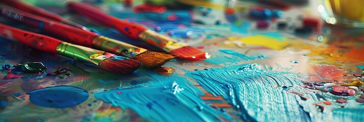 Fototapeta premium Creativity concept with colorful paints and paint brushes