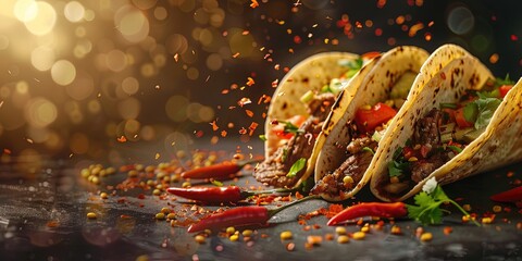 fresh grilled beef or chicken tacos with flying ingredients and spices hot ready to serve and eat 